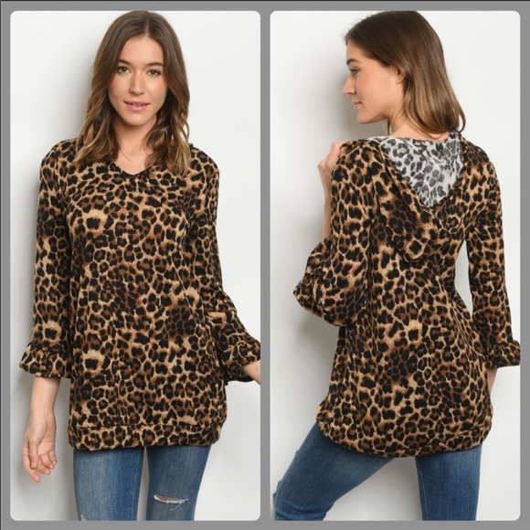 Tops - LEOPARD PRINT BROWN RUFFLE SLEEVE HOODED BLOUSE